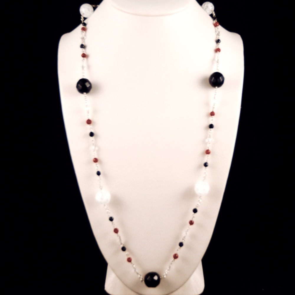 Necklace with Blue Goldstone, Crystal Quartz and red Quartz 30” long